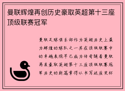 曼联辉煌再创历史豪取英超第十三座顶级联赛冠军