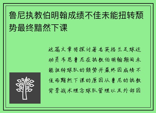 鲁尼执教伯明翰成绩不佳未能扭转颓势最终黯然下课