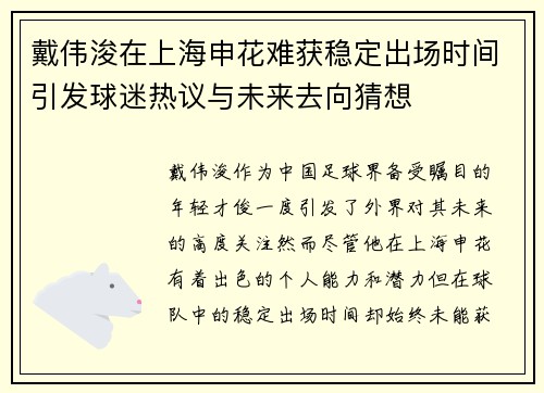 戴伟浚在上海申花难获稳定出场时间引发球迷热议与未来去向猜想